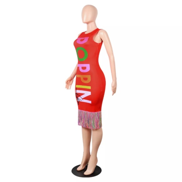 New Red Poppin Fringe Dress - Picture 4 of 8